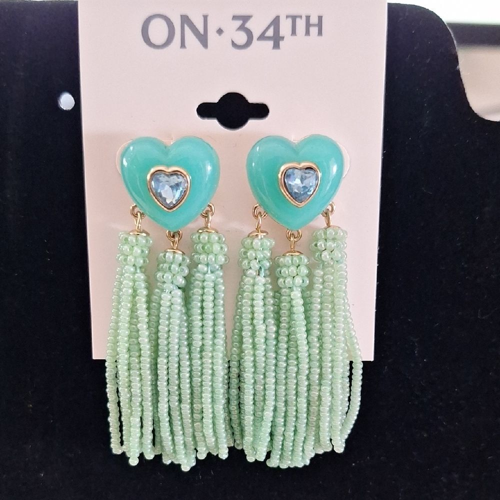 Heart Tassel Earrings - Green and Gold